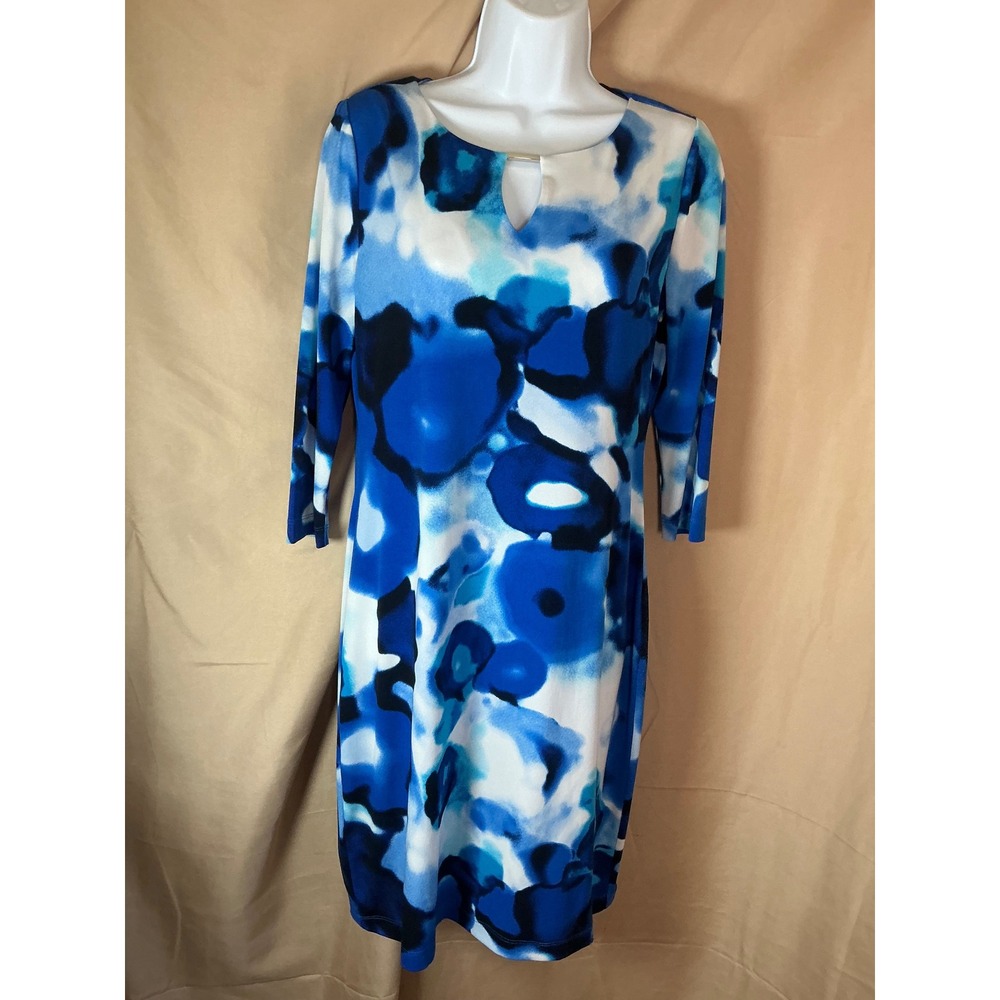 Ellen Tracy Sheath Dress Womens 6 Blue‎ White Abstract Keyhole 3/4 Sleeve